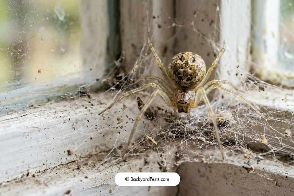 Common house spider in a messy web on a dusty window frame